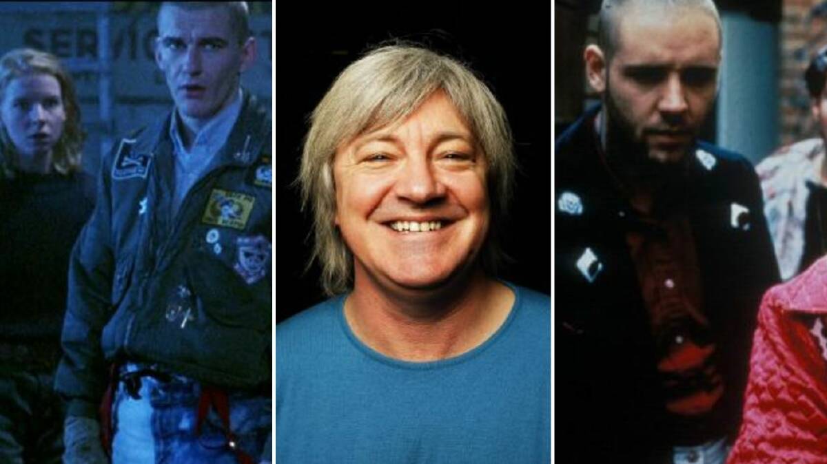 Writer-director Geoffrey Wright (centre) flanked by scenes from the original Romper Stomper movie.
