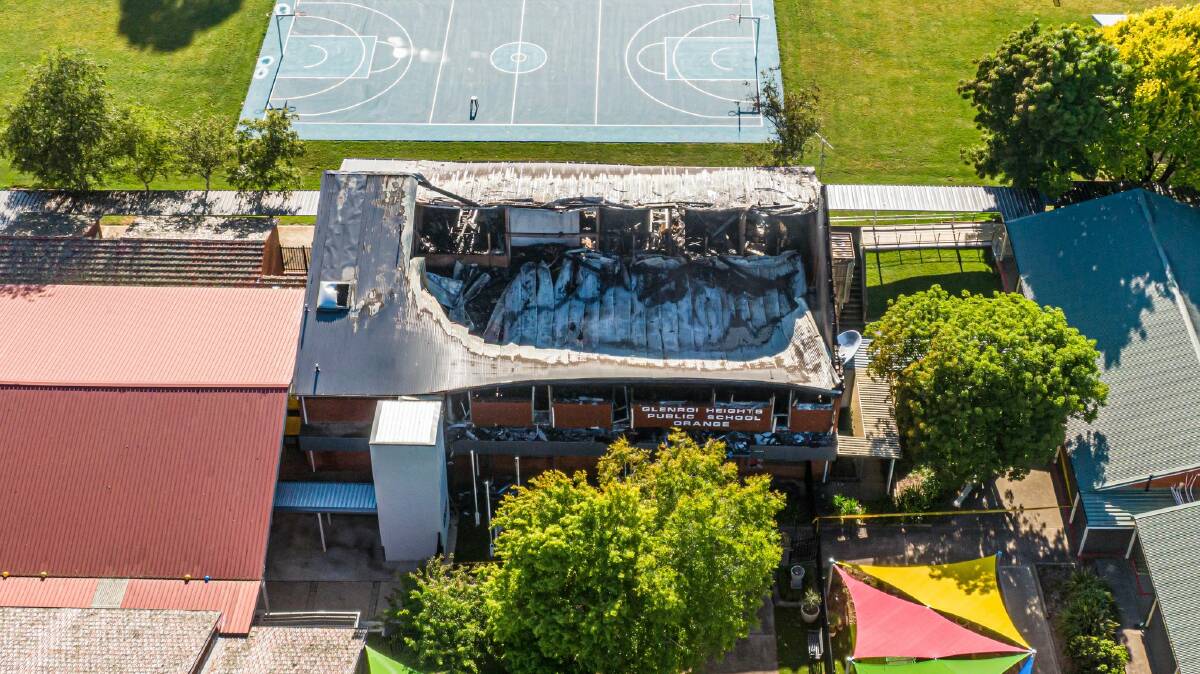 Drone footage captured the damage done to the Glenroi Public School administration building by a fire. Picture by Troy Pearson/TNV.