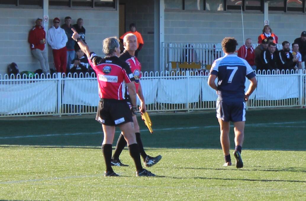 YOU'RE OFF: Hawks halfback Sandon Gibbs-O'Neill is given his marching orders in the two blues' 40-point loss to Mudgee. Photo: ISAAC MCINTYRE