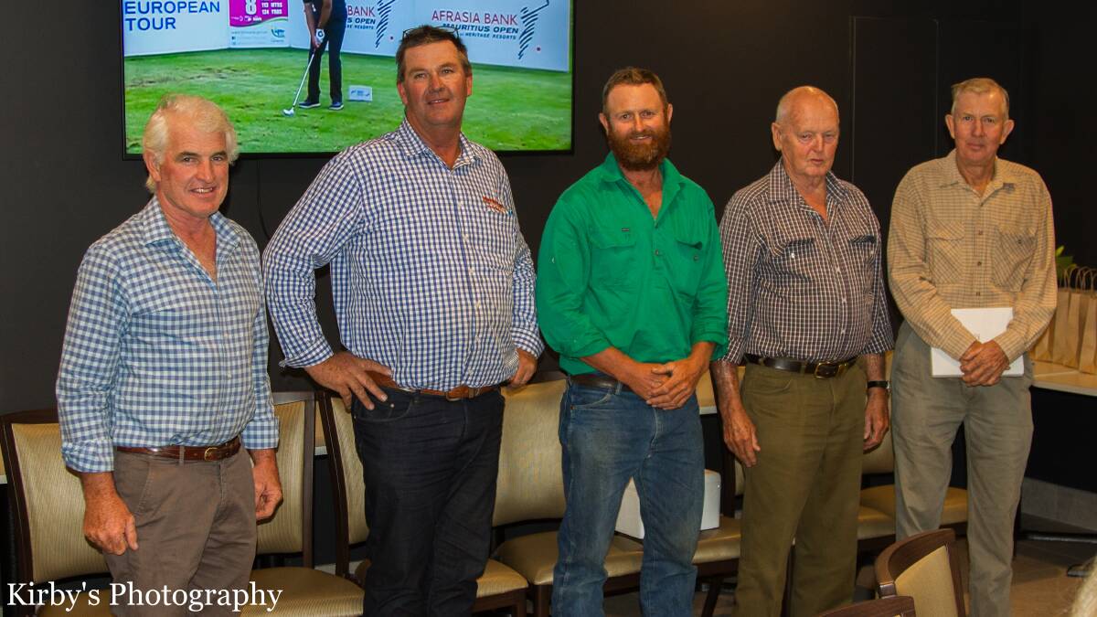 EWE BEAUTY: The BMA Ewe compeition presentation dinner was held at Bathurst RSL Club. Pictured at the dinner are judges Frank Kaveney and Nigel Kerin, co-winner Murray Wykes, award presenter John Seaman and co-winner Peter Wykes.