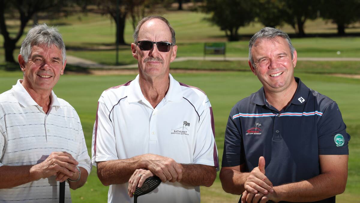 HAVE A HIT: Ray Stapley, Peter Brien and Matt Barrett are ready for the Legacy Golf Day this Sunday. Photo: PHIL BLATCH