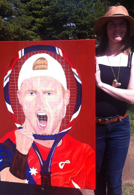 MAKING A RACQUET: Alesha Elbourne with her portrait of retired tennis star Lleyton Hewitt, her entry in the Bald Archy Prize.