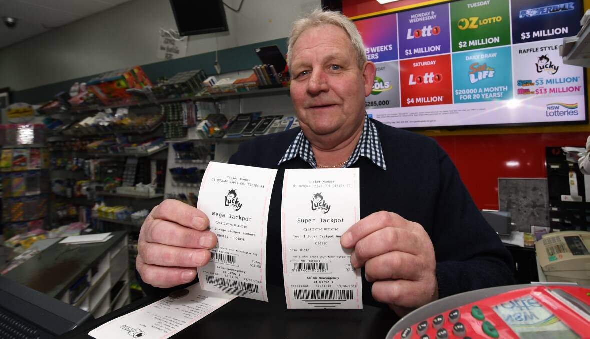 JUST THE TICKET: Wayne Beard from Kelso Newsagency is celebrating after one of his customers won $100,000. Photo: CHRIS SEABROOK 061318clottery
