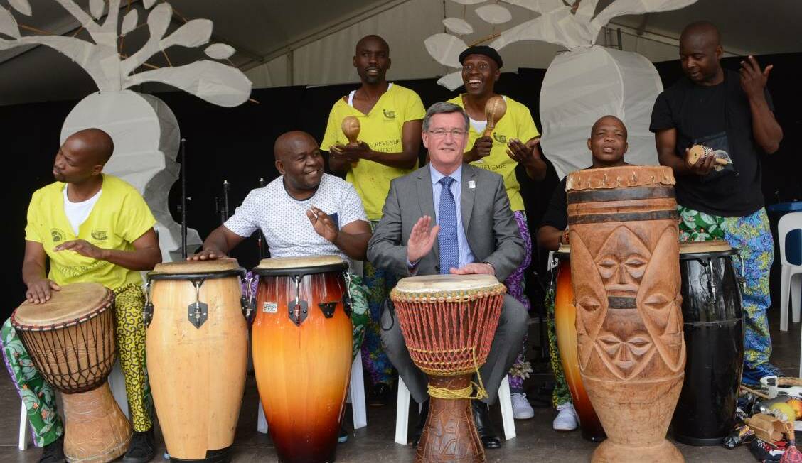 RHYTHM: The Medleko Meropa drummers will return to Bathurst for the Inland Sea of Sound. They were pictured with mayor Gary Rush last year.