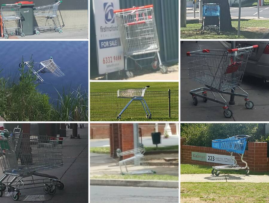 ROAM FREE: Just some of the abandoned trolleys photographed around the CBD by Cr Warren Aubin. He wants supermarkets to use a coin-lock system on their trolleys to encourage shoppers to return them.