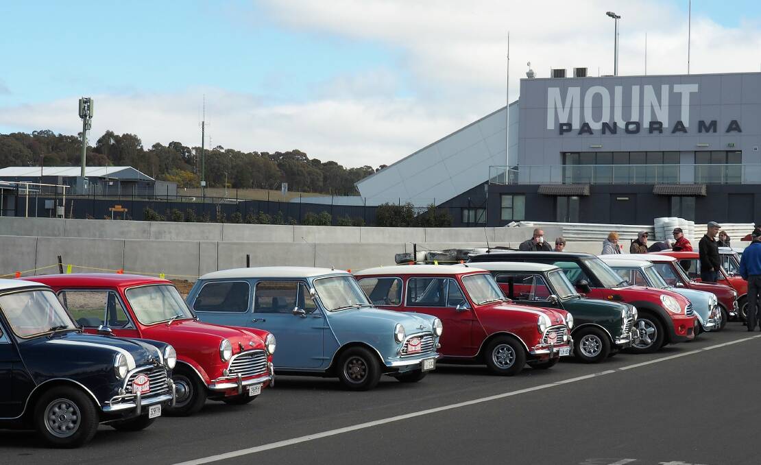 ON YOU MARKS: Minis lined up along Pit Straight at Mount Panorama during a pilgrimage to the track on Sunday. Photo: CONTRIBUTED