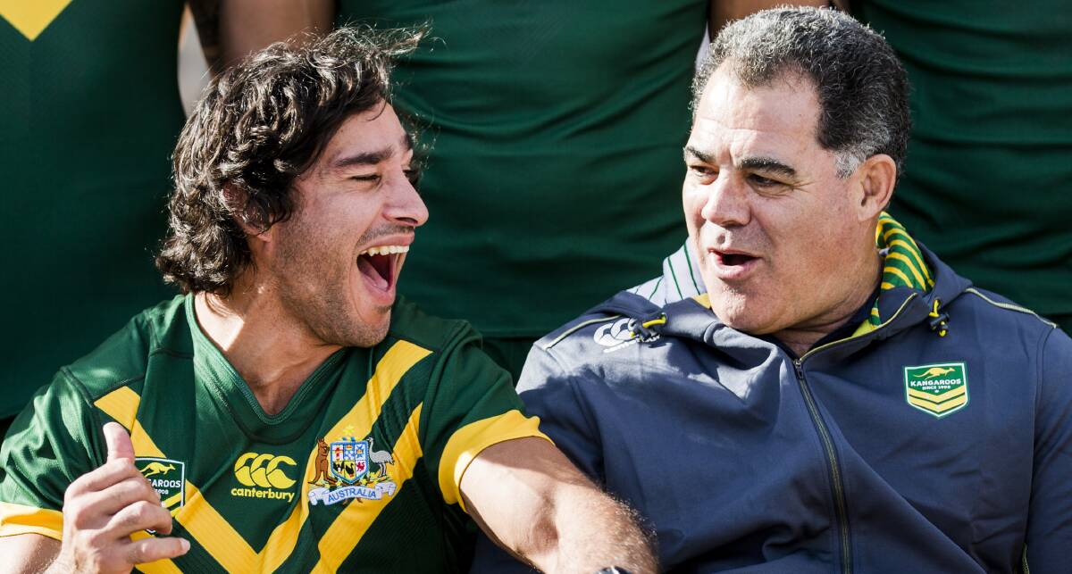 NO LAUGHING MATTER: Johnathan Thurston, pictured here with Kangaroos coach Mal Meninga in May, could be playing in Bathurst next year  - if the speculation is correct.