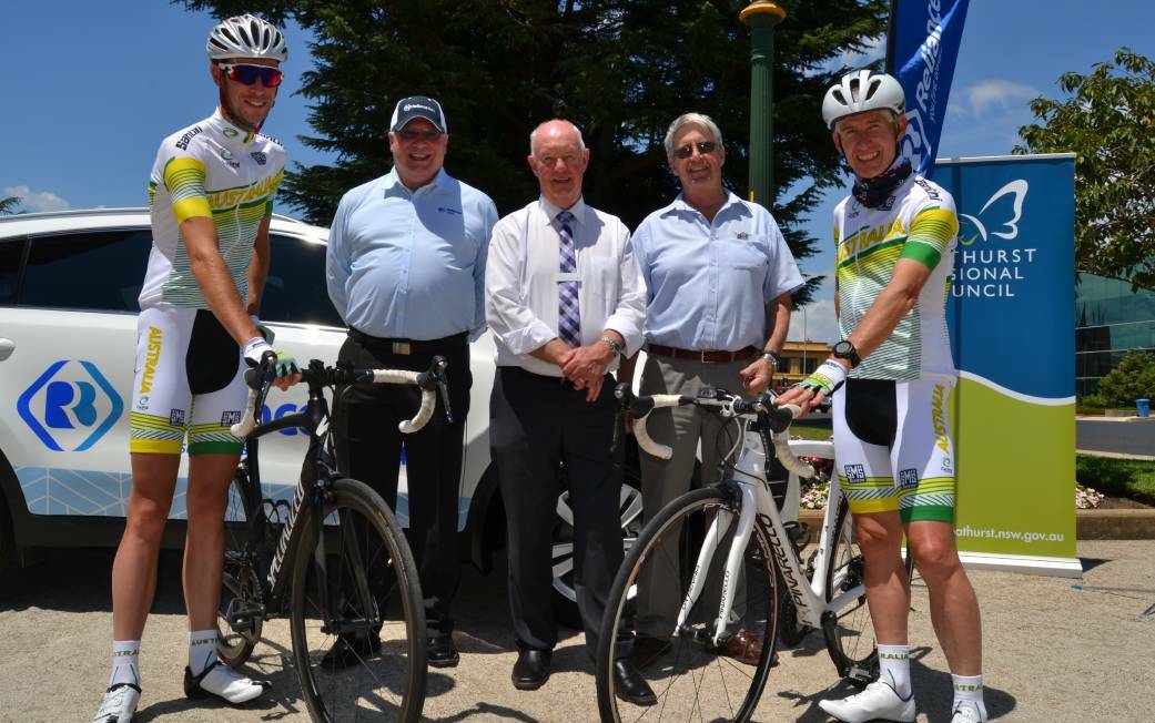CLASSIC HELP: Cyclists Hayden Booth and Stephen Jackson with Reliance Bank Bathurst region branch manager Clinton Banks, Bathurst mayor Graeme Hanger and Rotary Club of Bathurst Daybreak president Doug Kinlyside at a sponsorship announcement earlier this year. 