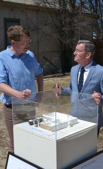MUSEUM: Calare MP Andrew Gee and Bathurst mayor Gary Rush with a scale model of the project at the Railway Institute site on Havannah Street. Photo: MURRAY NICHOLLS