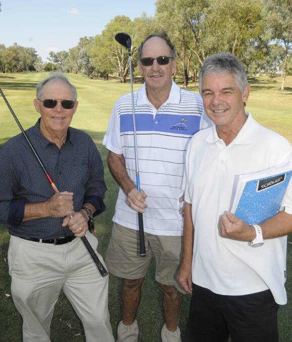 LEGACY: Golf Day co-ordinators Bob Pardey and Peter Brien with Bathurst Golf Club president Ray Stapley preparing for Sunday's fundraiser. Photo: CHRIS SEABROOK 021517clegolf2