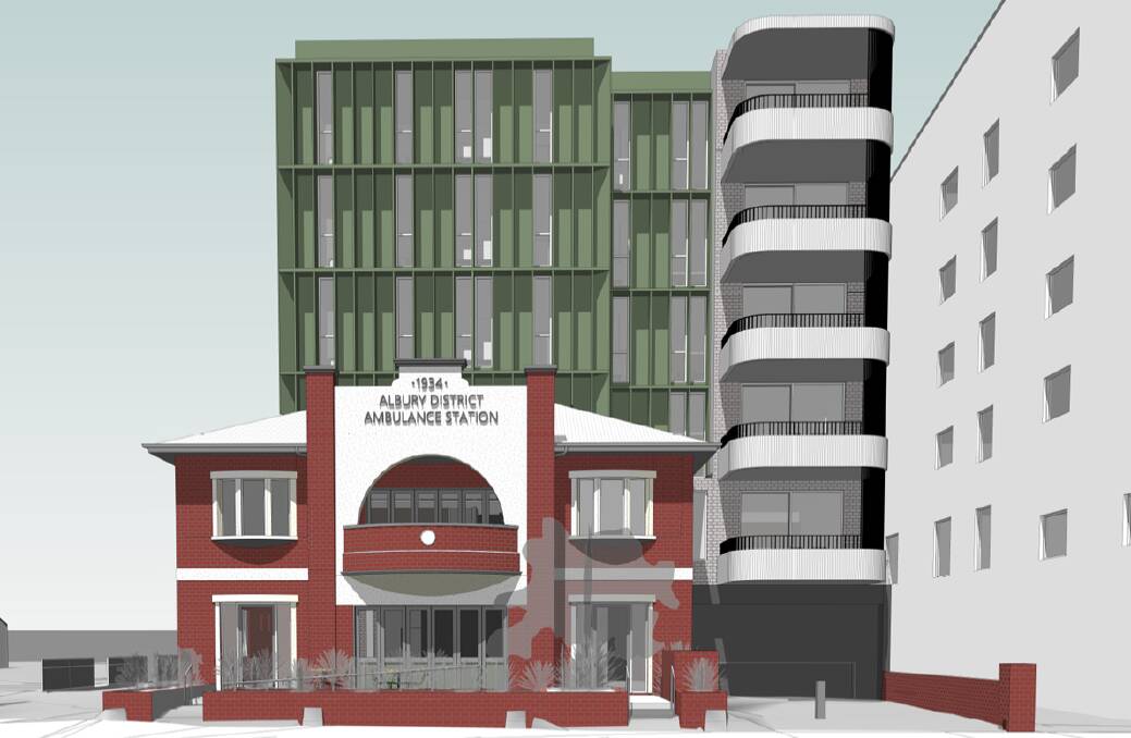 An architectural illustration of how the six-storey unit building proposed for the rear of the old Albury ambulance station will appear. Image from Techne