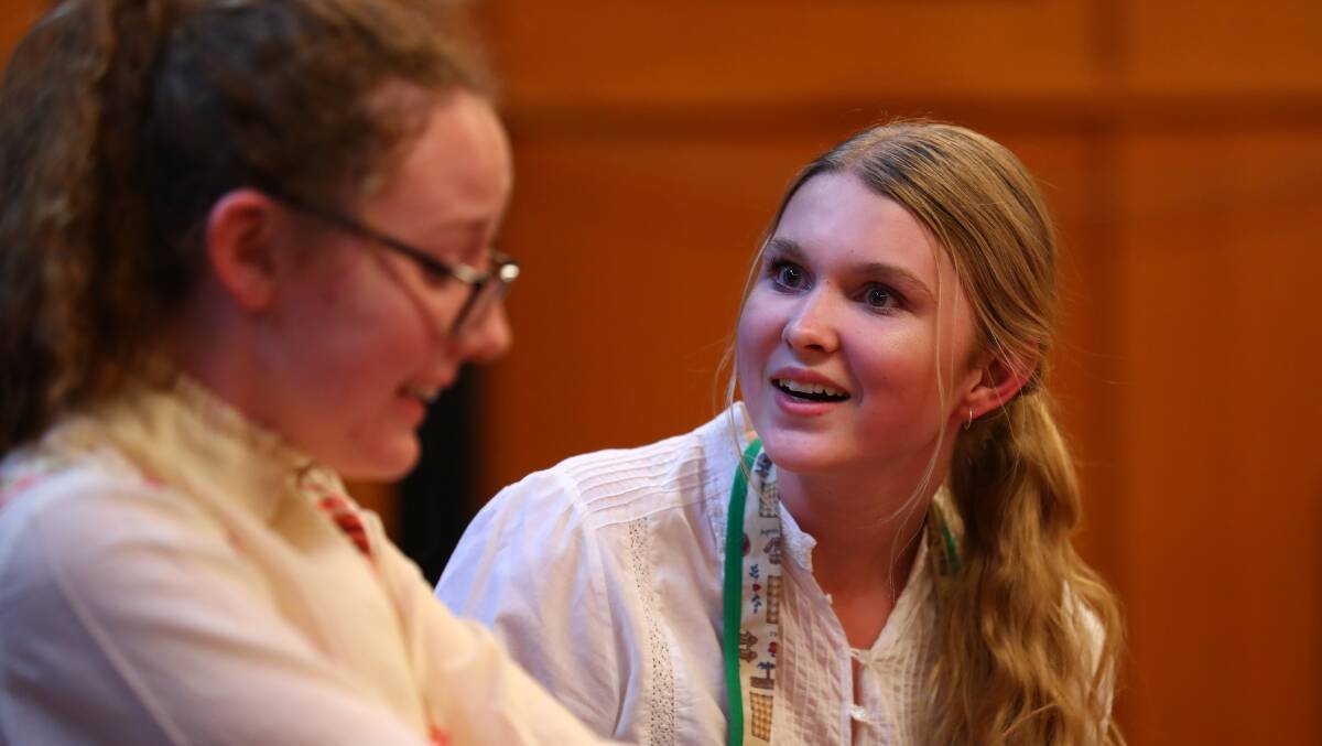 SNAPSHOT: Students Elizabeth Noonan and Georgia Marston rehearse Our Town at Mackillop College.