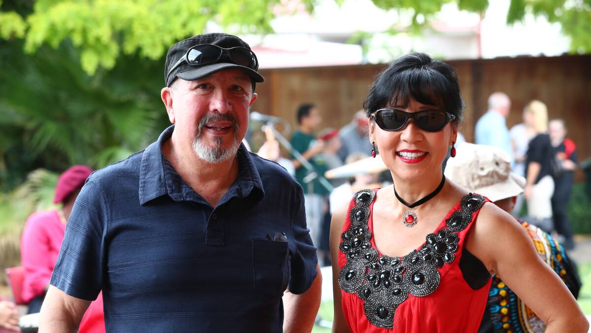 CELEBRATING: Juan Valenzuela and Pauline Graf at Harmony Day celebrations in the library forecourt.
