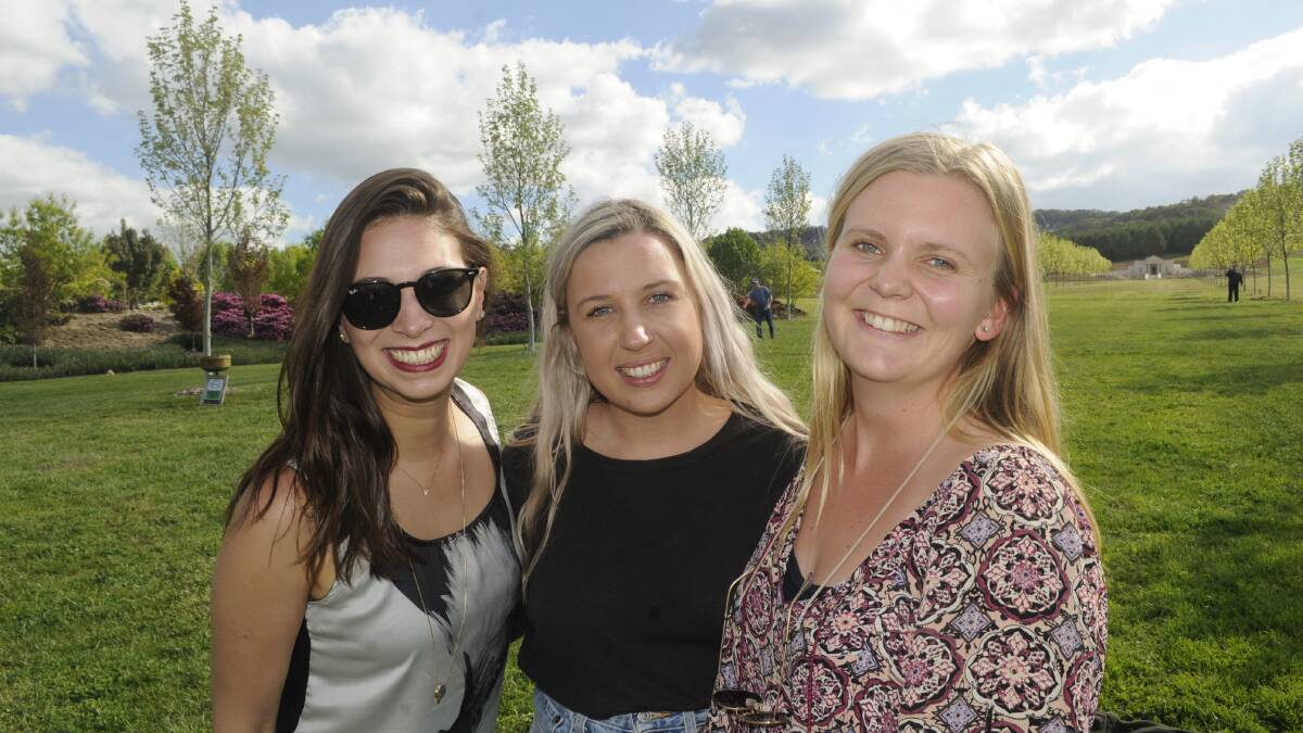 FUN DAY AT MAYFIELD: Left, Fernanda Gonconcalves, Emily Rose and Ida Moe (all from Sydney).102117cmayfld8