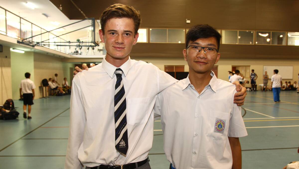 150 YEARS OF EDUCATION: Head prefect Dom McCrossin and visiting student Alex Hartono at St Stanislaus' College on Friday.