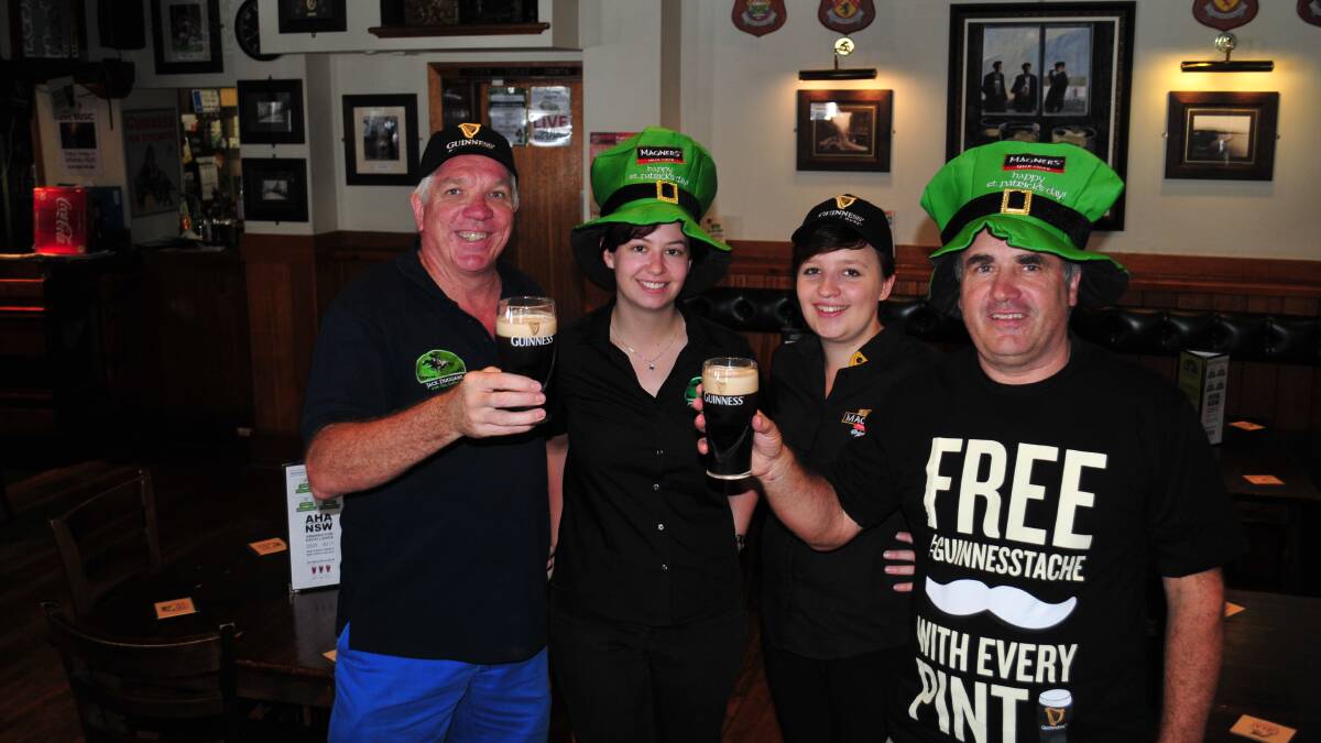 CHEERS TO THE IRISH: Peter Barrett, Courtney Bryce, Felicity McKellar and Glyn Daunt, at Jack Duggan's Irish Pub, ready to celebrate St Patrick's Day.