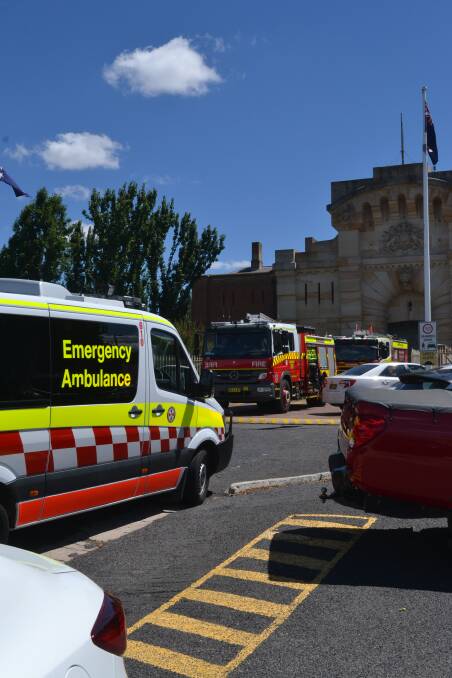 BATHURST JAIL: Police, fire crews and paramedics outside the front of Bathurst Jail on Tuesday.
