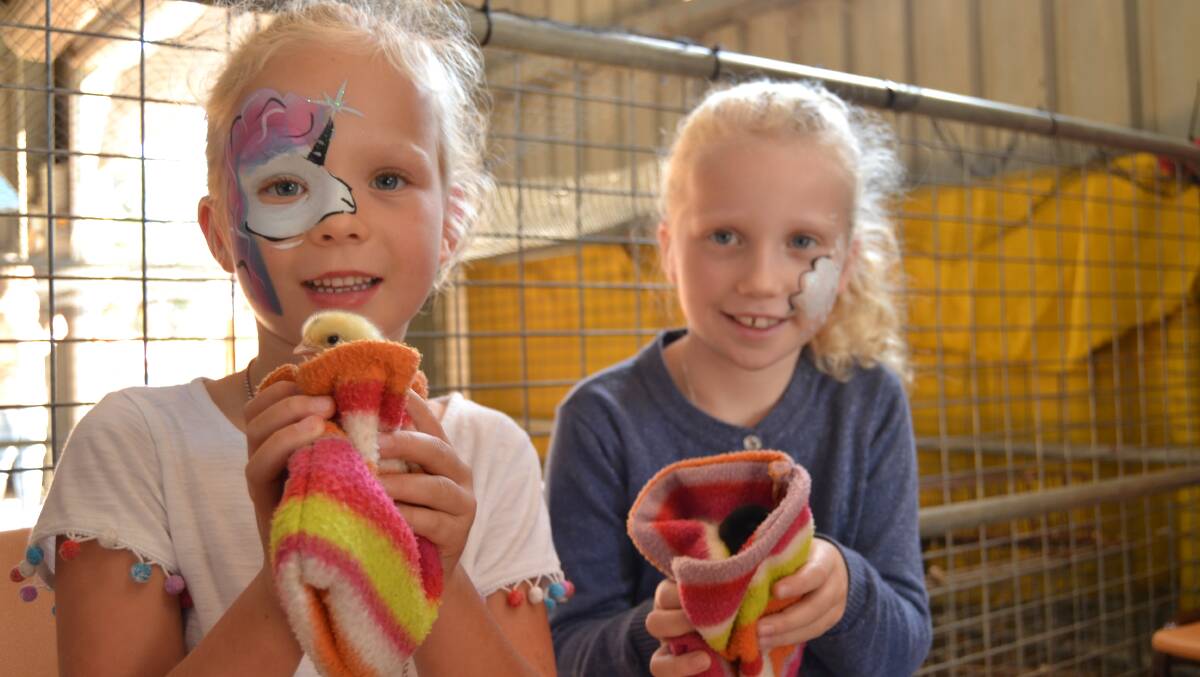 ADORABLE: Alice and Poppy Low holding baby chicks in the Animal Nursery. 
