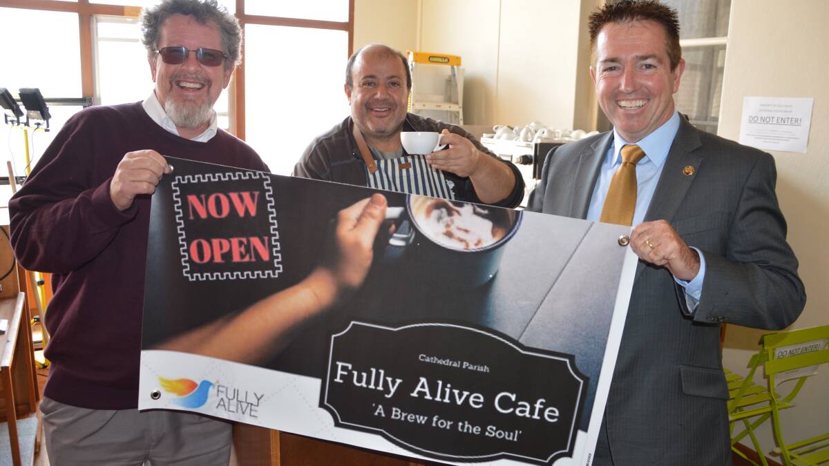 DROP IN CAFÉ: Father Paul Devitt, left, Sarkis Achmar, and Bathurst MP Paul Toole following the good news the State Government has approved a one off grant to the Cathedral Parish youth group.