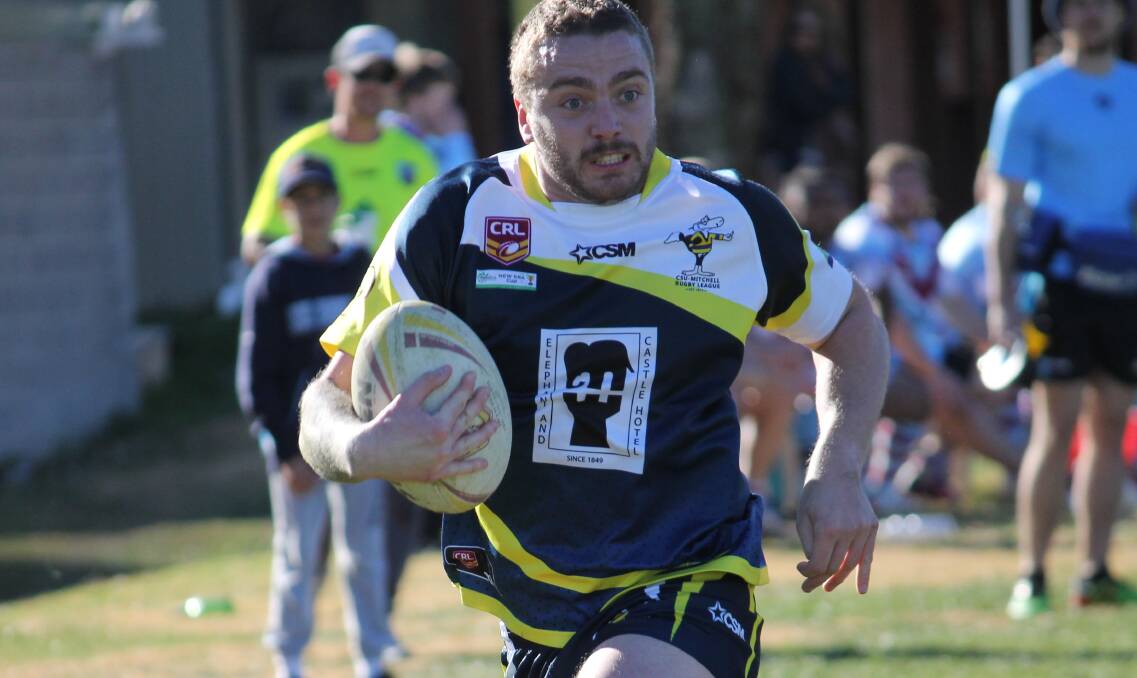 DERBY DELIGHT: CSU's Riley Skelly makes his way to the try line in the New Era Midwest Cup Bathurst derby against Villages United. Photo: JOHN FITZGERALD