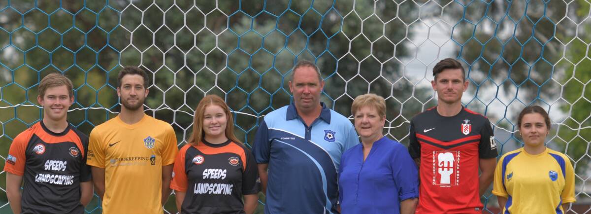 A NEW YEAR: Anthony Speed (Macquarie FC), Brayden North (Abercrombie FC), Izzy Speed (Macquarie FC), Andrew Speed (BDF president), Marie Rouland (of men's premier league sponsor Fifty8 George), Paul Long (Panorama FC) and Maddie Booth (Eglinton FC) are ready for a new season. Photo: ALEXANDER GRANT