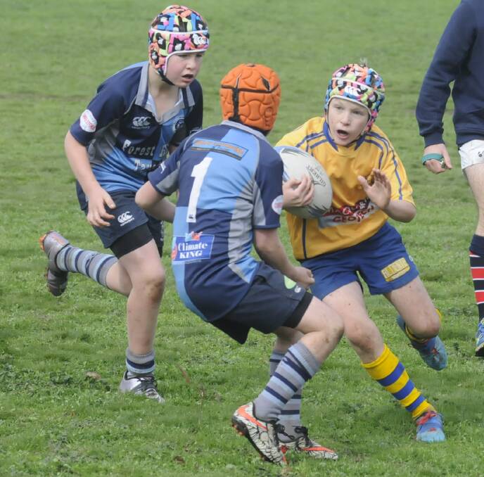 BRACING FOR IMPACT: Paddy O'Hara runs into the Millthorpe Mozzies defence in their under 11s encounter. Photo: CHRIS SEABROOK 072416galar7a