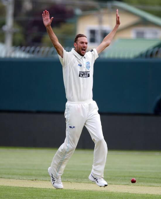 SHOUT: Trent Copeland appeals on day one versus Tasmania. Photo: AAP