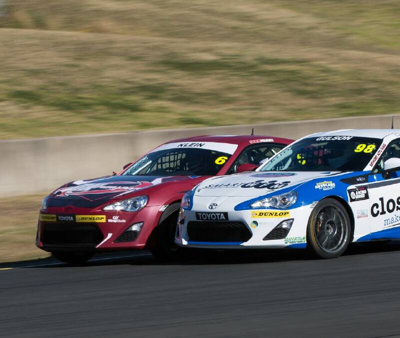 INTENSE: Bathurst driver Dylan Gulson (right) duels with Jake Klein during the weekend's Toyota 86 Series round at Sydney Motorsport Park. Gulson finished inside the top 10 in all three of his races. Photo: RHYS VANDERSYDE