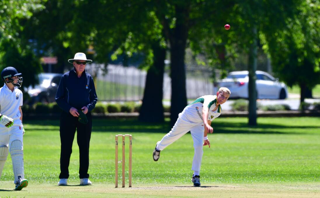 SPIN TIME: Bathurst Yellow captain Calvin Windus bowls in Sunday's Mitchell Cricket Council under 14s match against Orange at Morse Park. Orange won the match by 58 runs. Photo: ALEXANDER GRANT