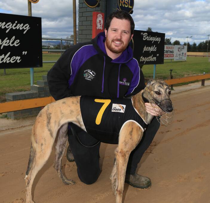 HAPPY TIMES: Owner Adam Gambrill with winner Dana Courtney at Kennerson Park on Monday. Photo: PHIL BLATCH 092616pbdog3