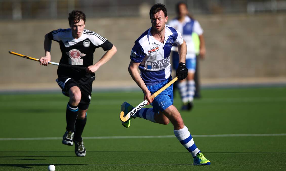 CRUCIAL STRIKE: Dominic Wilde got St Pat's a goal in the dying stages of Saturday's men's Premier League Hockey match against Lithgow Zig Zag to salvage a 2-all draw. Photo: PHIL BLATCH