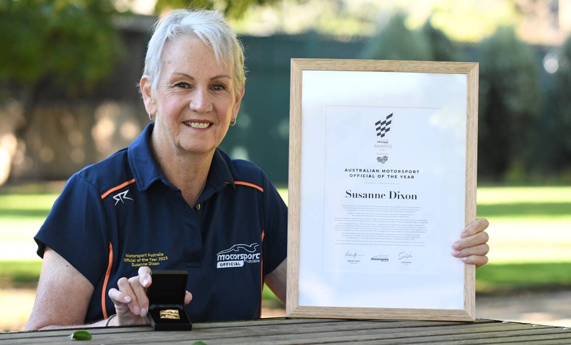 Sue Dixon with her medal and award for Australia Motorsport Official of the Year. Picture by Alexander Grant.