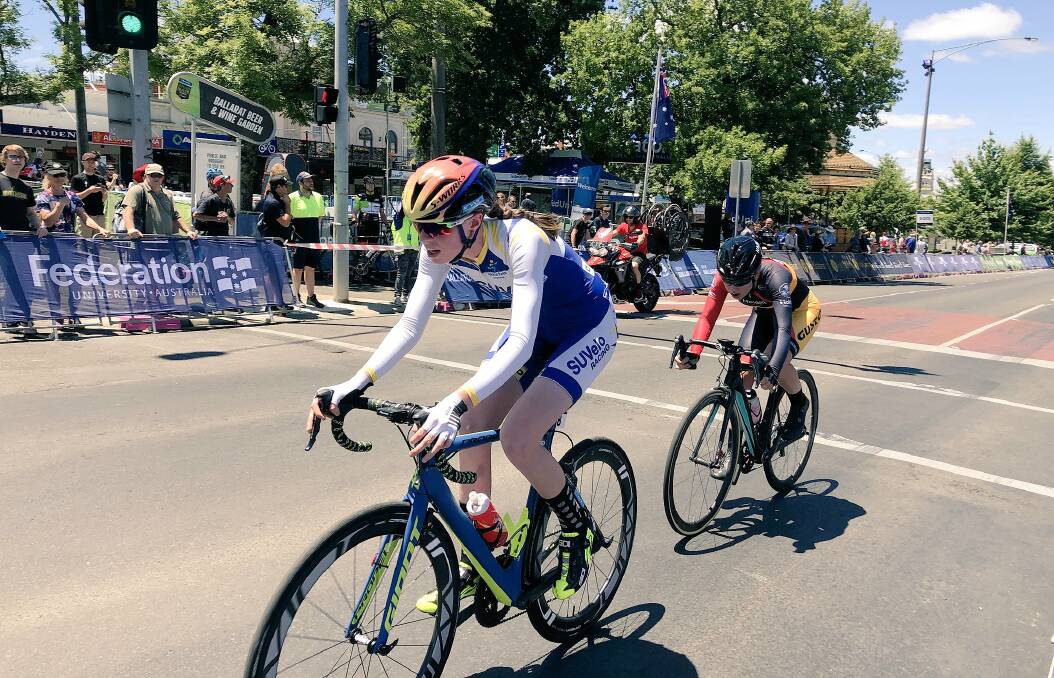 OUT IN FRONT: Emily Watts leads the way in the women's under 19s criterium at the Road Nationals. Watts finished third while eventual winner Sarah Gigante (right) would go on to lap the peloton. Photo: CYCLING AUSTRALIA TWITTER