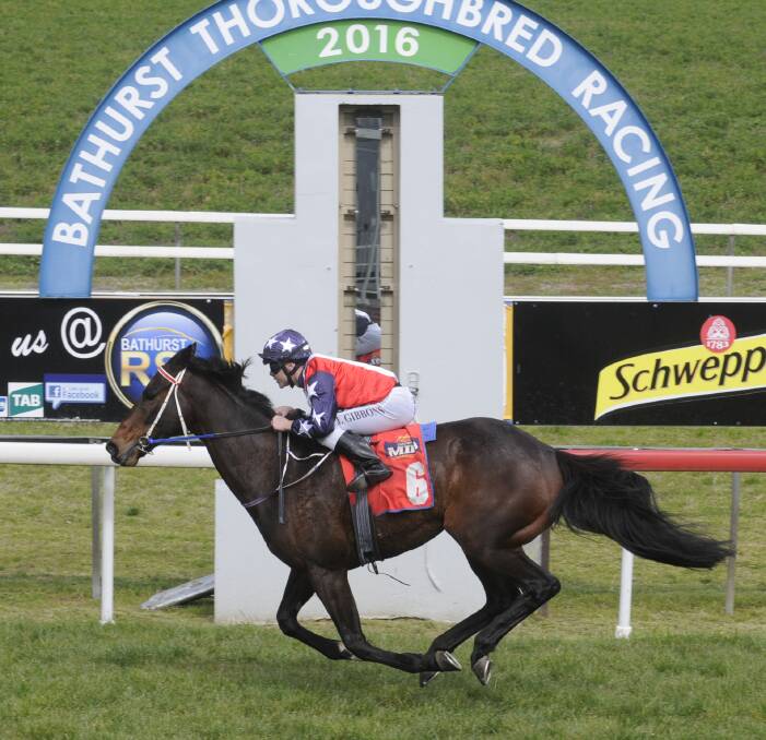 IN THE CLEAR: Super Pig, trained by Bathurst's Dean Mirfin, races clear to win the Bette Holland Benchmark 55 Handicap (2,000m) at Tyers Park on Monday. Photo: CHRIS SEABROOK 082916cturf1