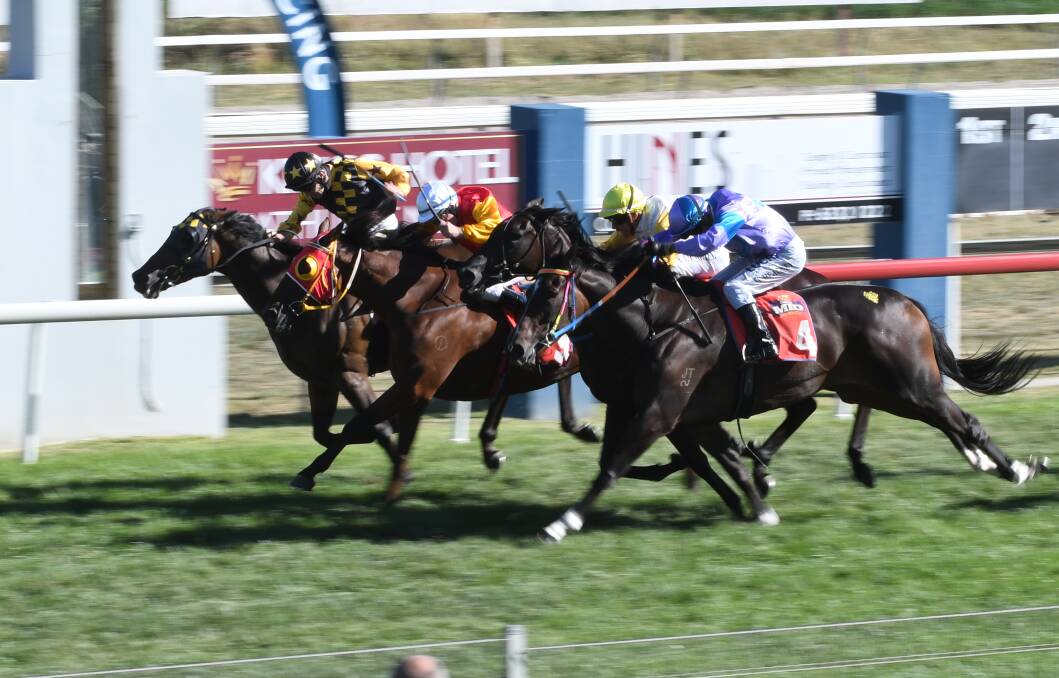 WALL OF HORSES: Hirokin (furthest left) holds on to win ahead of Subway Surfer, Letter To Juliette and Illyrian. Photo: CHRIS SEABROOK