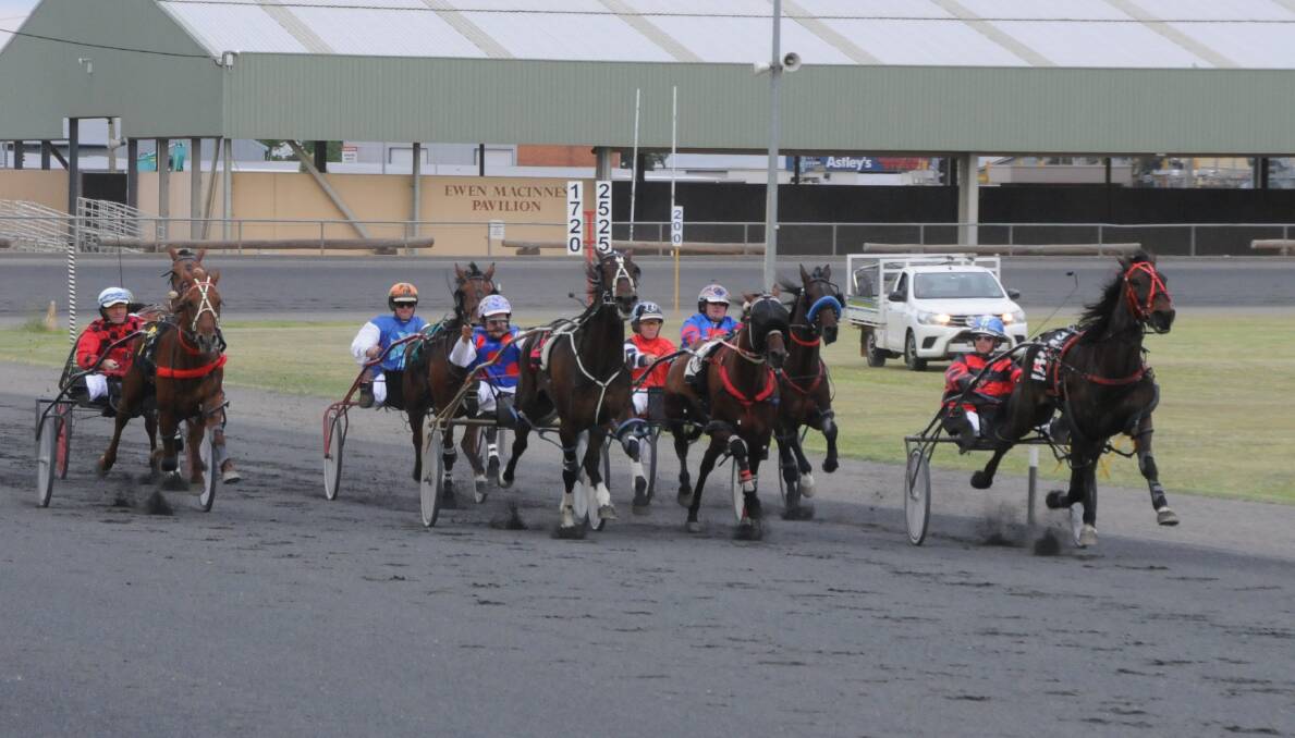 ON HIS WAY: Mat Rue and Big Bill (far right) power on towards victory in the second heat of the Gilgandra Windmill series on Wednesday. Photo: NICK GUTHRIE