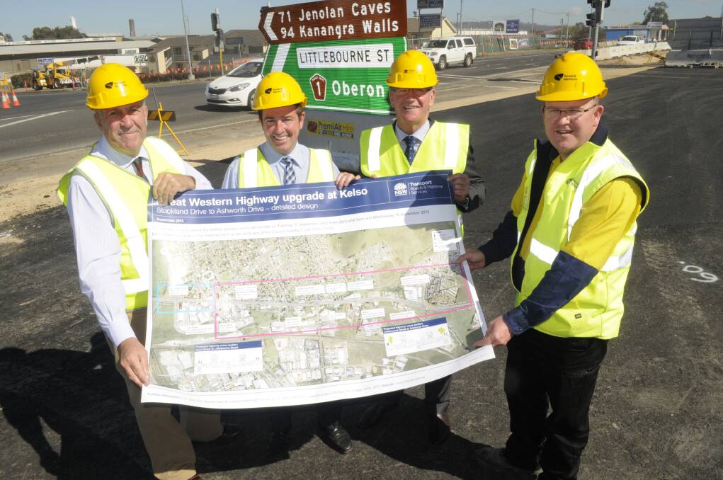 PLAN: Roads Minister Duncan Gay, State Member Paul Toole, mayor Gary Rush and project manager Craig Matthews on-site on Monday. Photo: CHRIS SEABROOK 081516crounda1