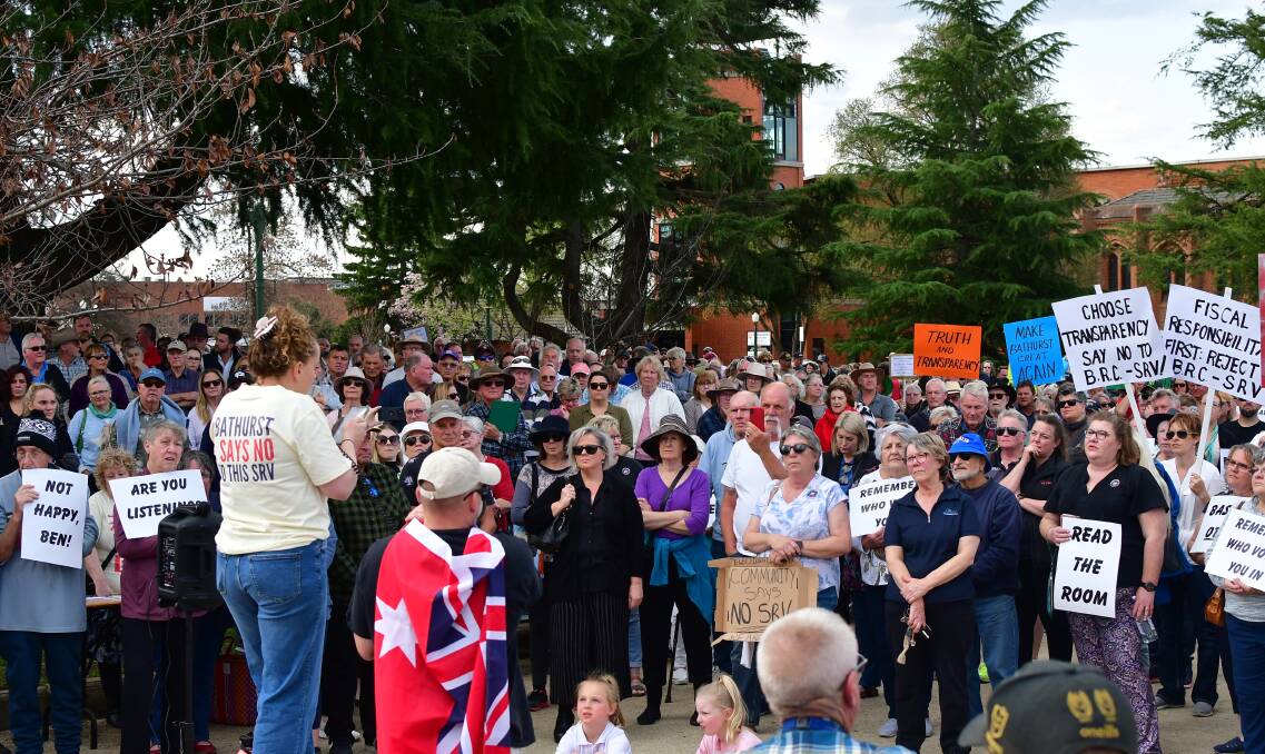 A large crowd at a rally in Kings Parade in September, 2023 where residents were calling on Bathurst Regional Council to abandon the special rate variation process. Picture by Alexander Grant