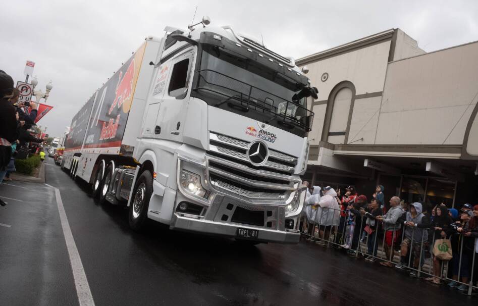 The Red Bull Racing Team transporter making its way up William Street during the 2023 Bathurst 1000 parade. Picture by James Arrow