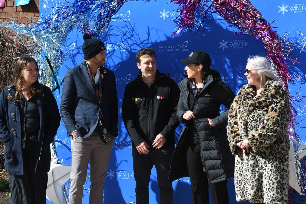 Deputy mayor Ben Fry (second from left) in conversation with the representatives of the festival's sponsors, Jennifer Martin (Live Better), Daniel King (2BS), Serenity Clarke (Newcastle Permanent) and Kellie Evans (Central West Village Voice). Picture by Rachel Chamberlain