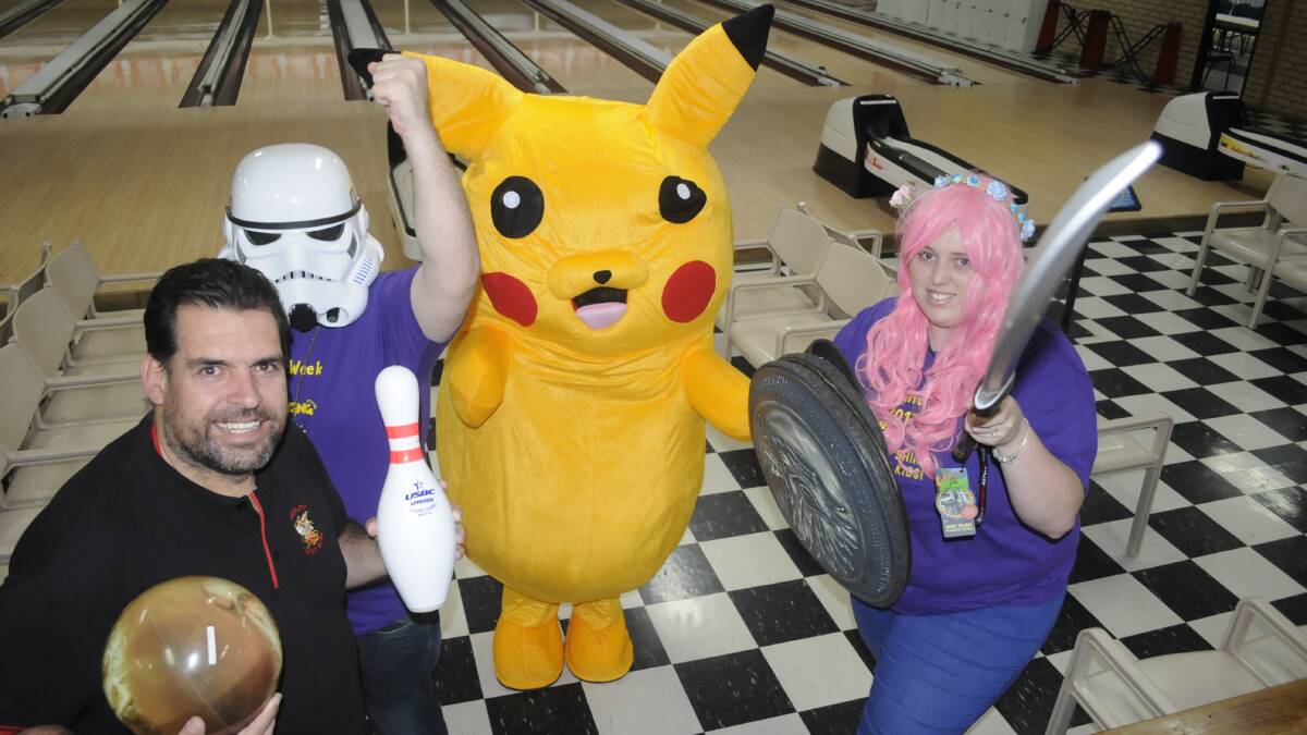 FUN FOR ALL: Bathurst Tenpin Bowling's Dwayne Price, Dan Simms, Pikachu and Zing's Cassandra Healey are hosting events to help fundraise for the Starlight Foundation. Photo:CHRIS SEABROOK 050217ctenpin1