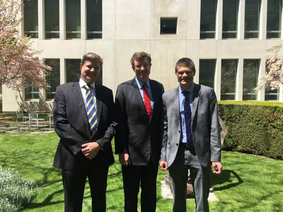 CAMPAIGNING: Murray Darling Medical School executive director Mark Burdack, Member for Calare Andrew Gee and Charles Sturt University vice-chancellor Professor Andrew Vann at Parliament House on Wednesday.