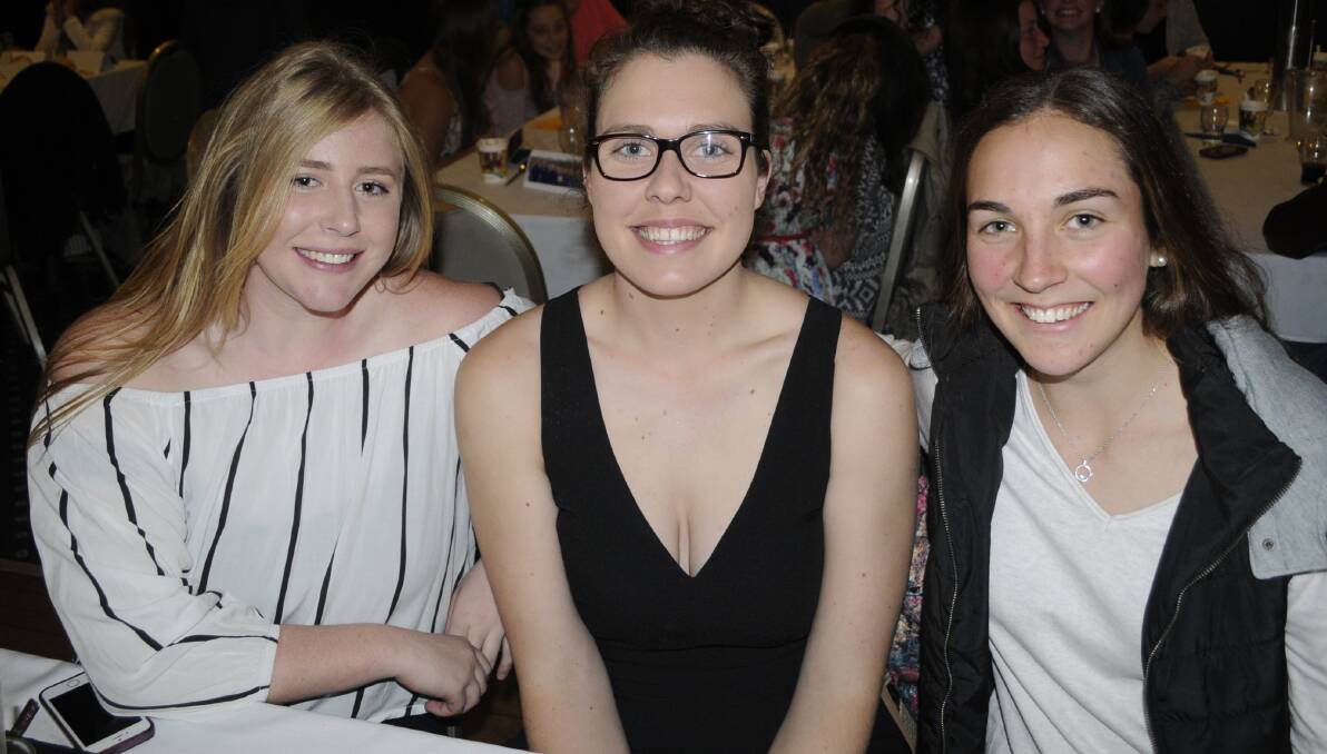 ALL SMILES: Chelsea Gibbs, Grace Broadfields and Carina Floyd at the Bathurst Netball Representative Dinner. Photos: CHRIS SEABROOK 073016cnetbal5