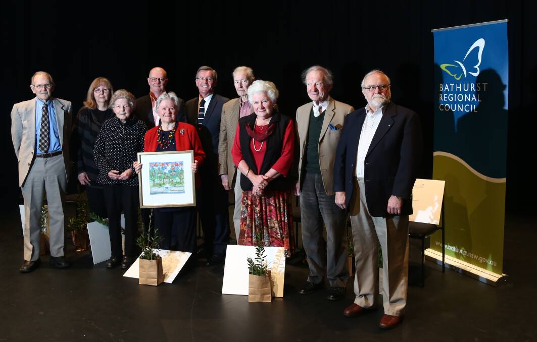 REMARKABLE RESIDENTS: Ronald Wood, Maureen Wells (representing Tony Wells), Betty Wardman, John Maynard, Mary Cuppaidge, mayor Gary Rush, Geoffrey Brown, Anne Bromfield, Christopher Bacon and Brian Atkinson on stage at the morning tea for the Living Legends. Photo: PHIL BLATCH 073116pblegends14