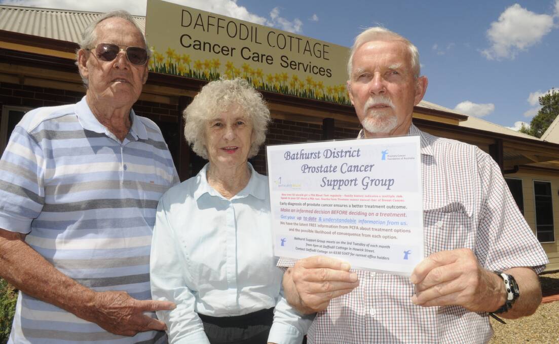 AFTER EXTRA HANDS: Bathurst District Prostate Cancer Support Group members Bob and Shirley Baillie with treasurer Tony Sutton, who hopes people will join the group's executive. Photo: CHRIS SEABROOK 021417csupprt1