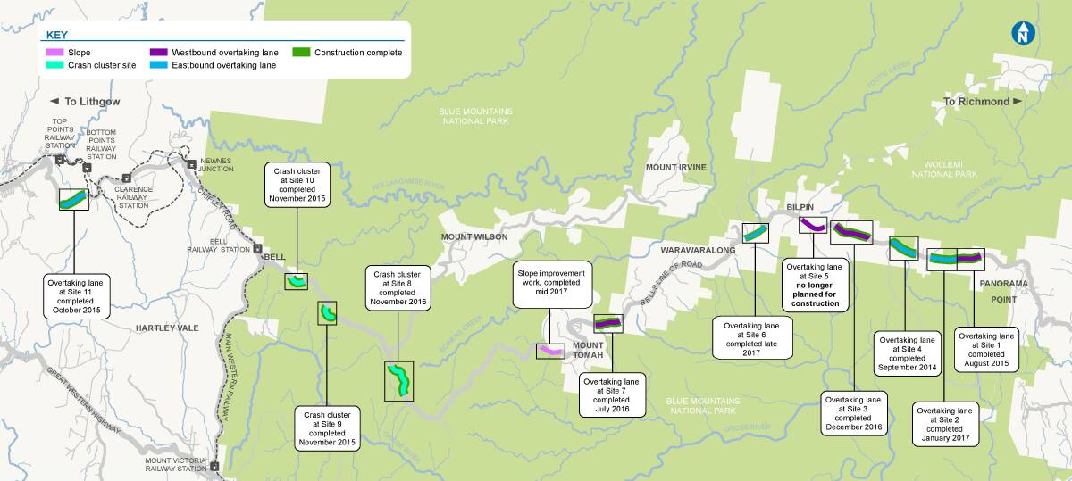 A diagram with the upgrades to the Bells Line of Road carried out in the last few years. Photo: NSW government