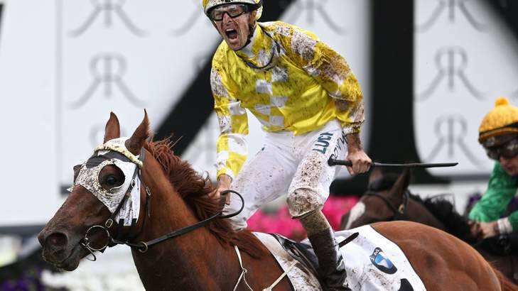 Reigning at Randwick: Criterion and Hugh Bowman win the Australian Derby. Photo: Anthony Johnson