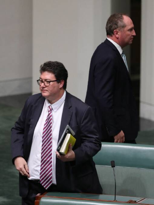 Deputy Prime Minister Barnaby Joyce and George Christensen during the 2nd reading of the Banking and Financial Services Commission of Inquiry Bill at Parliament House in Canberra on Thursday 15 June 2017. Photo: Andrew Meares 