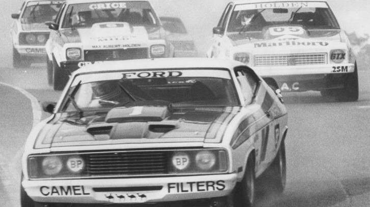 CLIMBING THE MOUNTAIN: Allan Moffat in his Falcon leads the Toranas of Peter Brock and Allan Grice at Bathurst in 1979.