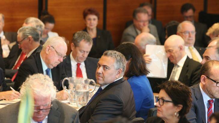 Mr Hockey, Opposition Leader Bill Shorten and RBA Governor Glenn Stevens, and others, at the summit. Photo: Louie Douvis